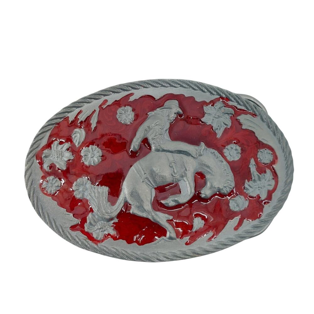 Cowboy Riding Rose Red Enamel Oval Belt Buckle Bronco Rodeo